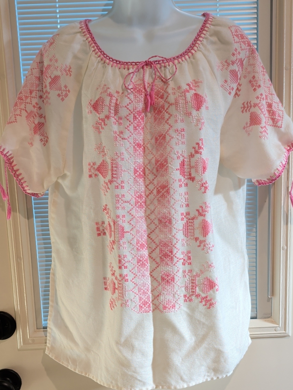 Embroidered Cream Peasant Top with Pink Detailing Short Sleeve L